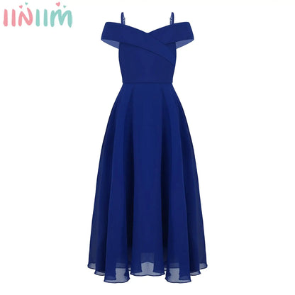 Elegantes Chiffon-Partykleid für Mädchen, schulterfrei, verstellbarer Spaghettiträger, bodenlanges Maxikleid für Hochzeit, Geburtstag, Abend.