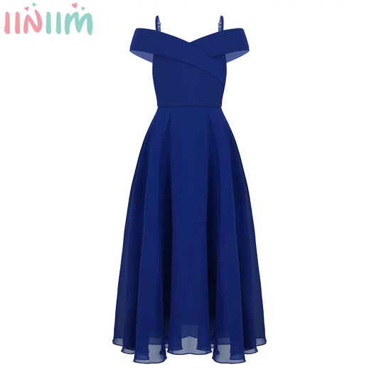 Elegantes Chiffon-Partykleid für Mädchen, schulterfrei, verstellbarer Spaghettiträger, bodenlanges Maxikleid für Hochzeit, Geburtstag, Abend.