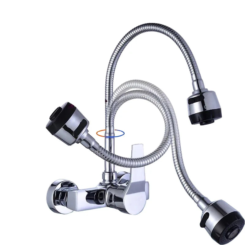 LANGYO Hot and cold wall faucet Kitchen sink mixer Double hole faucet Universal rotation Copper faucet Basin Wash hand basin tap