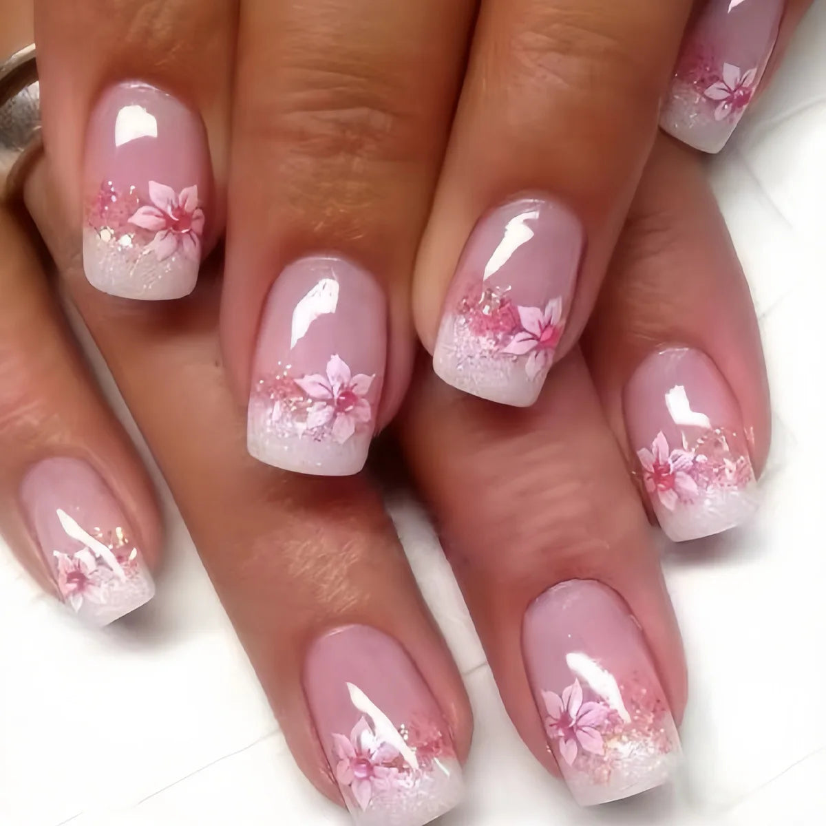 Mid-length Coffin Fake Nails 24Pcs White French Tip Ballerina Press On Nail Pink/White Flower Printed Spring/Summer DIY Manicure.