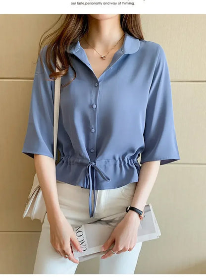 Summer Women All-match Solid Turn-down Collar Half Sleeve Chiffon Shirt Fashion Casual Shirring Single-breasted Blouses Female.