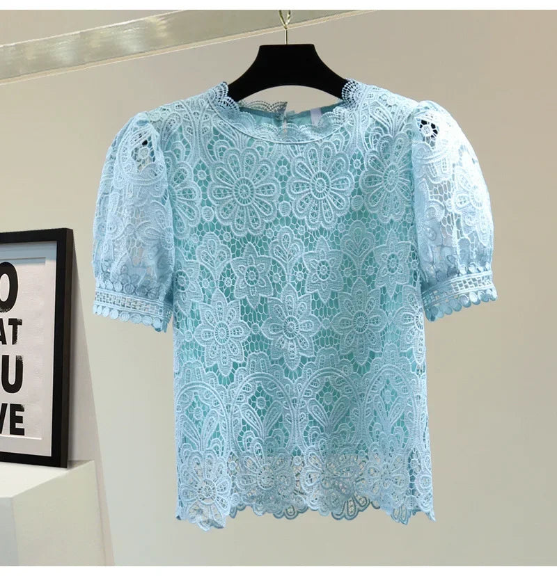 Loose Straight Korean Style Summer Top Pure Color Hooked Hollow out Ladies Lace Shirt Overhead Bubble Sleeve Women's Fashion.