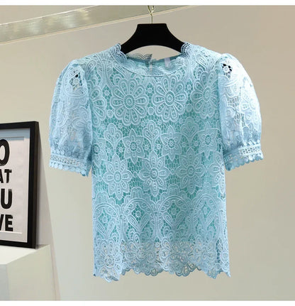 Loose Straight Korean Style Summer Top Pure Color Hooked Hollow out Ladies Lace Shirt Overhead Bubble Sleeve Women's Fashion.