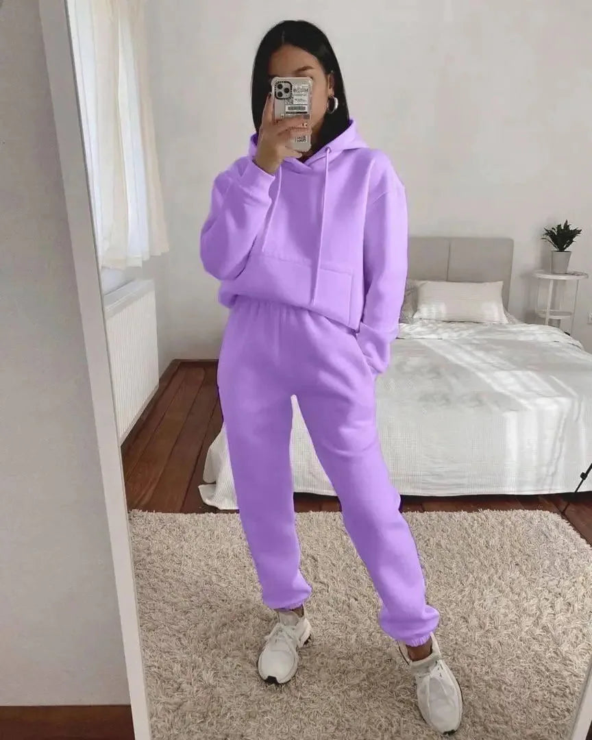 Women's Pocket Long-sleeved Hooded Sweatshirt Casual Set Autumn Winter New Solid Color Loose Sport Long Pants 2 Piece Set Female