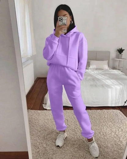 Women's Pocket Long-sleeved Hooded Sweatshirt Casual Set Autumn Winter New Solid Color Loose Sport Long Pants 2 Piece Set Female