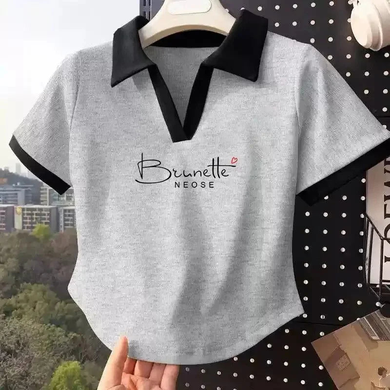 Color Block Polo Neck T-Shirt Women Short Sleeve Classic Lettering Slim Fit V-Neck Top Short Style Cotton Casual Summer New
