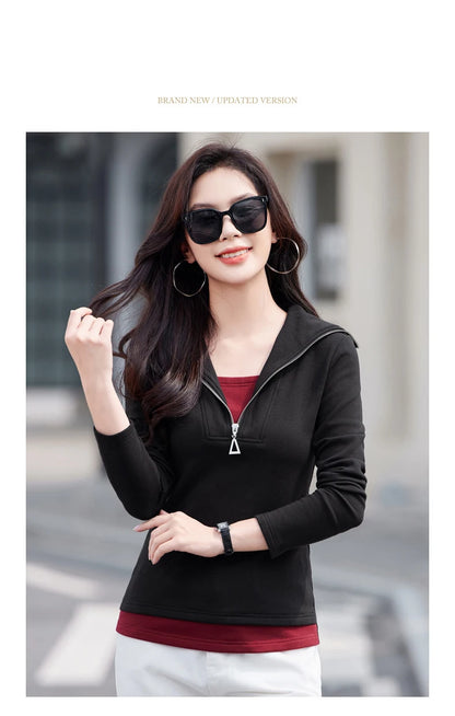 Fake two long sleeved T-shirts for women in autumn and winter, new fashionable plus size color blocked warm zipper lapel top