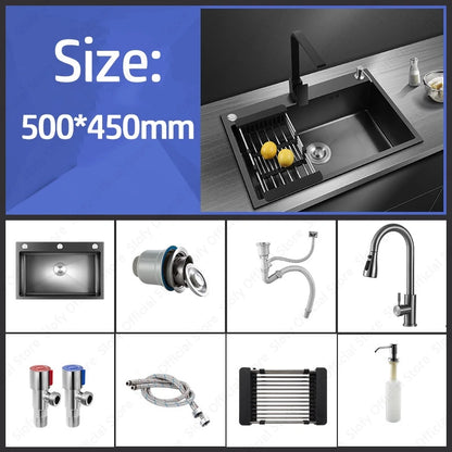 Schwarzes Nano-Waschbecken, einzelnes Waschbecken, kreative Küchenspülen aus Edelstahl, Abflussset für Zuhause, handgefertigtes Waschbecken, Küchenzubehör