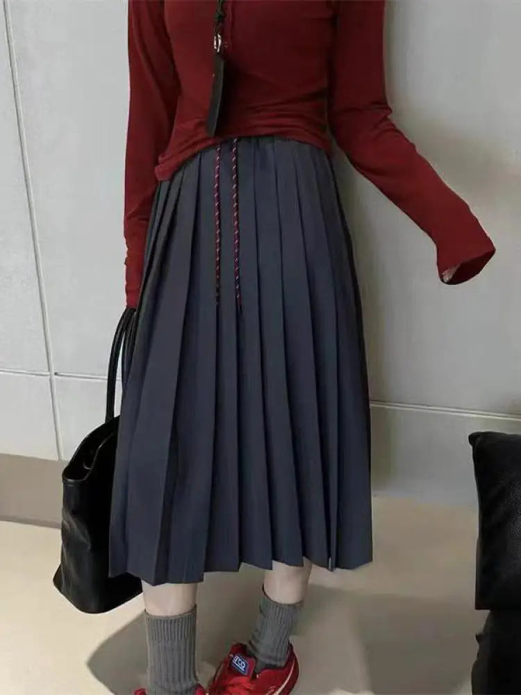 Autumn Women's Solid Color High Waist Pleated A Line Long Skirt Korean Fashion College Style Drawstring Lace-up Skirt 2024 Trend.