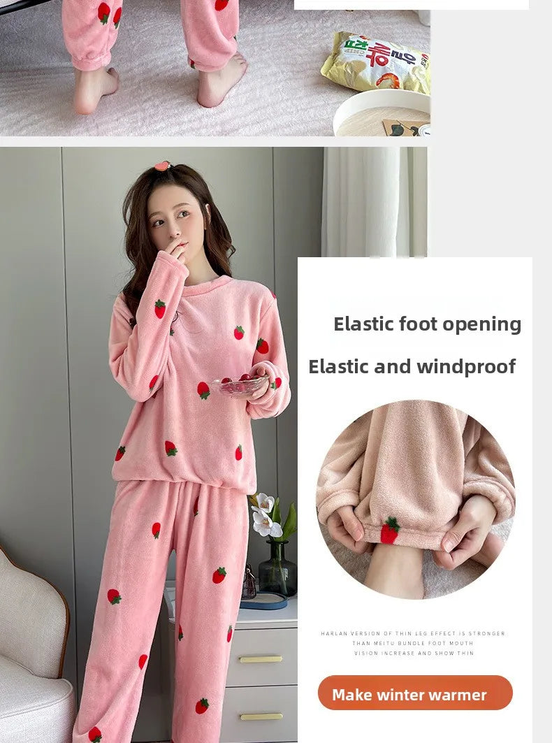 Warme Damen-Nachtwäsche für den Winter, bedruckt, Erdbeere, O-Ausschnitt, Korallensamt-Pyjama, Loungewear, zweiteiliges Set, süße Damen-Pyjamas.