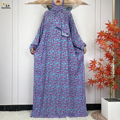 New Muslim Long Sleeved Cotton For Women Ramadan Prayer Turkey Middle East Femme Robe Floral Loose African Abaya Dress Scarfs