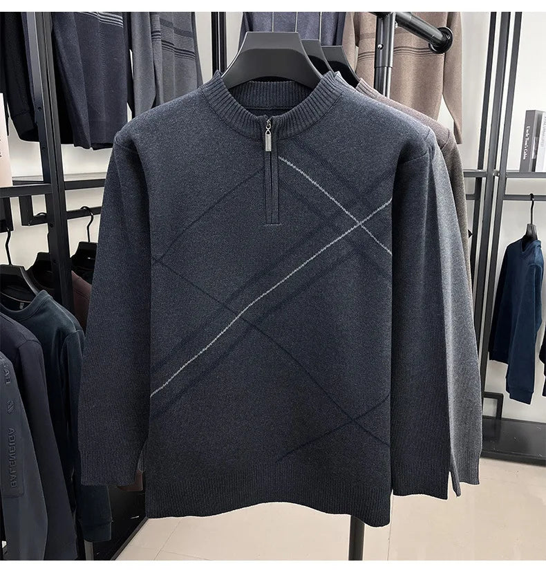 Men's New Thickened Turtleneck Knitwear Autumn Winter New Zipper Solid Color Sweater Middle Aged Warm Knit Top.