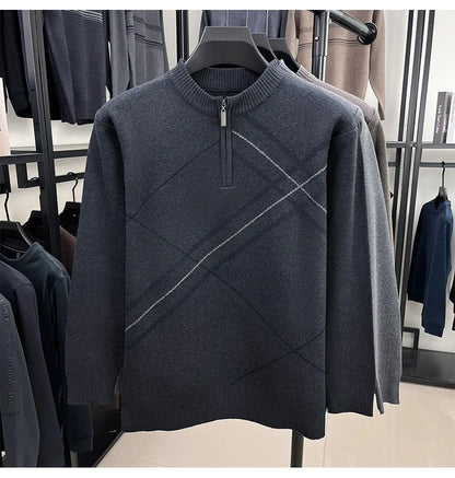 Men's New Thickened Turtleneck Knitwear Autumn Winter New Zipper Solid Color Sweater Middle Aged Warm Knit Top.