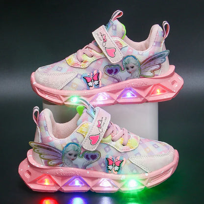 Disney Children's Sports Shoes Led Lights Sneaker Cartoon Frozen Princess  Elsa PU Leather Girls' Pink Children's Running Shoes.