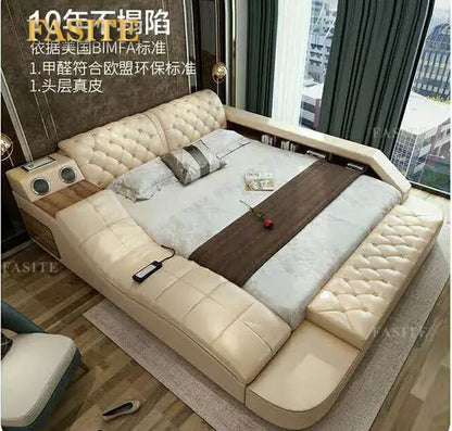 Premium Tech Smart Multifunktions-Bettgestell mit echtem Leder, Bluetooth-Lautsprecher