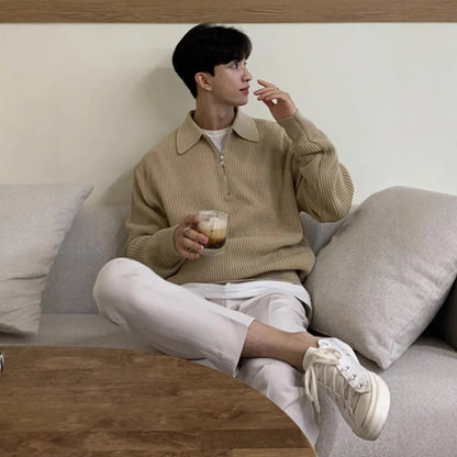 Half Zipper Sweater Men's Autumn and Winter Japanese Retro Korean Lapel Sweater Loose Casual Thread Trend.