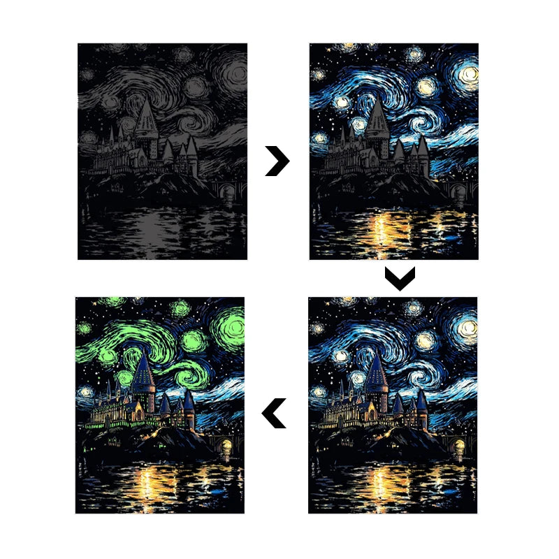 4PCS Glow in Dark Scratch Paper Animals Cards Magic Painting Art with Stylus Stress Relief Drawing Toy DIY Craft Kids Adult Gift.