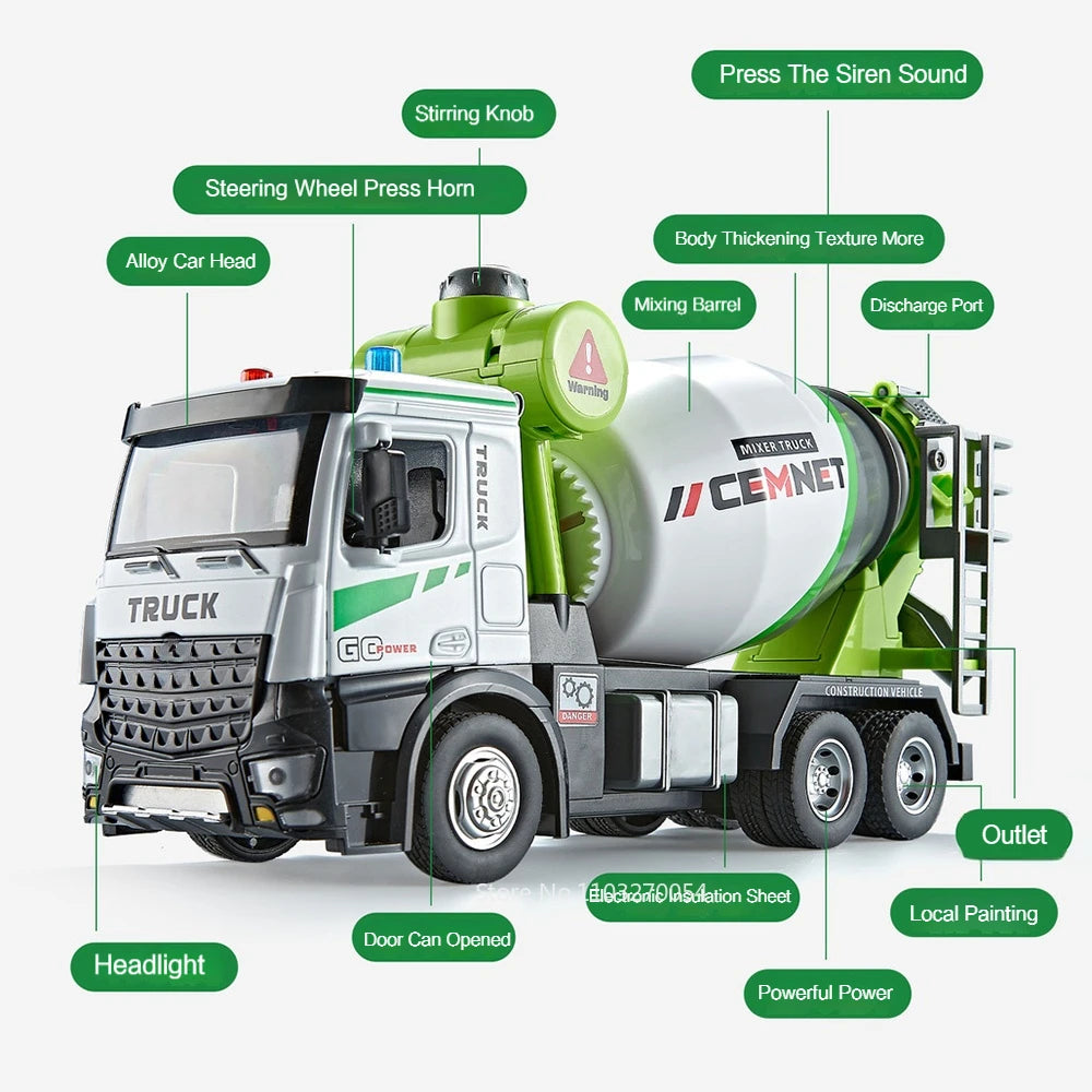 1/24 Electric Mixer Truck Toys Model Car Alloy Diecast Engineering Vehicles Doors Opened Sound Light Pull Back Toy Gift for Kids.