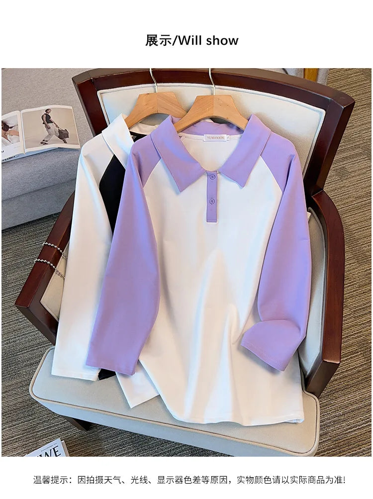 170kg plus size Damen büste Frühling Herbst loser Polo kragen kontrastieren des Sweatshirt schwarz lila 4xl 5xl 6xl 7xl 8xl 9xl.