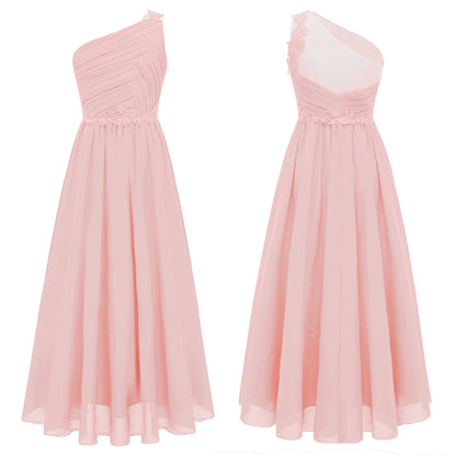 Mädchen Hochzeit Brautjungfer Kleid One Shoulder Elegante Guipure-Spitze Geraffte Chiffon Maxi Party Kleider Geburtstag Abend Abendkleid