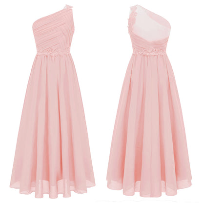 Mädchen Hochzeit Brautjungfer Kleid One Shoulder Elegante Guipure-Spitze Geraffte Chiffon Maxi Party Kleider Geburtstag Abend Abendkleid