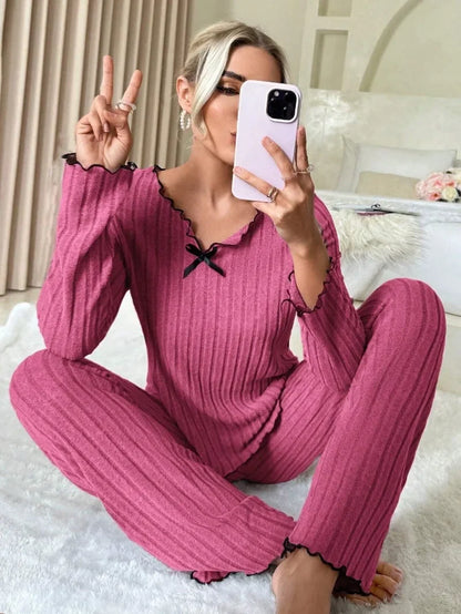 Women Autumn Winter Sleepwear Ribbed Pajamas Set Long Sleeve Top and Long Pants 2 Piece Set Casual Homewear Loungewear.
