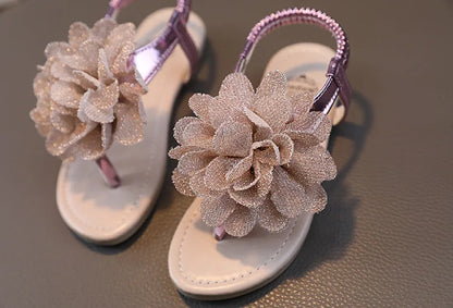 Girls Sandals 2023 Summer New Bling Flowers Baby Children Fashion Soft Bottom Student Shoes Kid's Slippers Pink Flats Flip Flops.