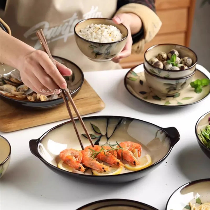 1Pc Vintage Bamboo Leaf Ceramic Bowl Salad Plate Exquisite Ceramic Cutlery Household Noodle Bowl Western Steak Cake Sushi Plate.