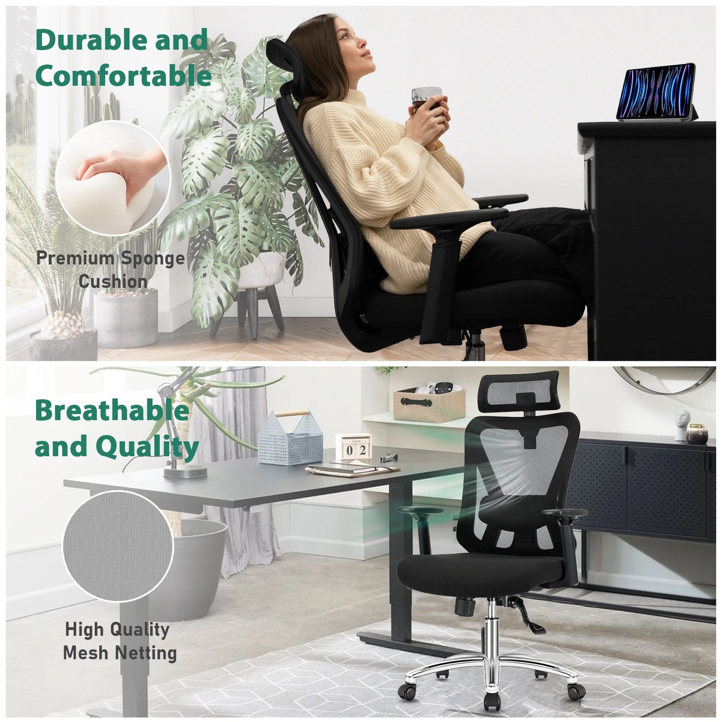 Durrafy Ergonomischer Bürostuhl, Schreibtischstuhl mit Kopfstütze, Armlehnen, Drehstühle mit 90er ° -130 °   Liegefunktion (abschließbar)