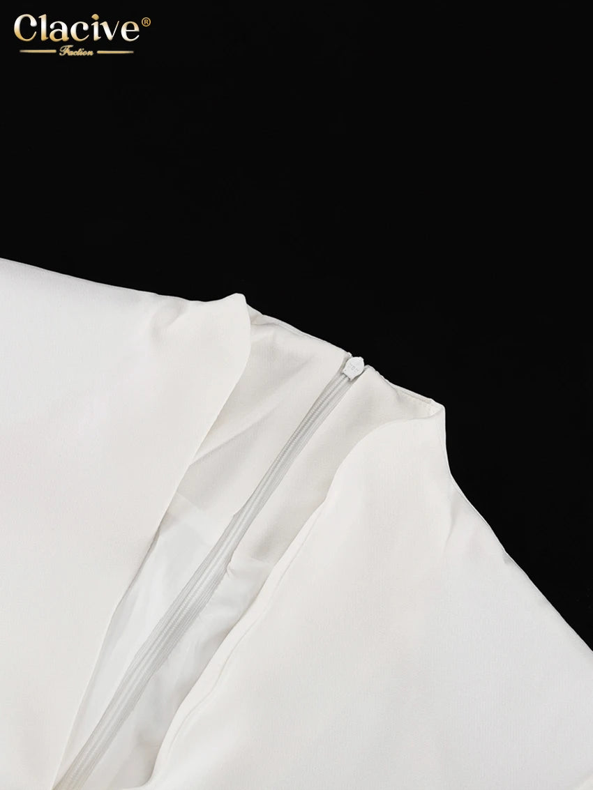 Clacive Sexy schlankes weißes Damenkleid 2025, modisches V-Ausschnitt, lange Ärmel, knöchellanges Kleid, elegantes, klassisches, geschlitztes Damenkleid.