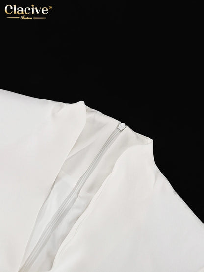 Clacive Sexy schlankes weißes Damenkleid 2025, modisches V-Ausschnitt, lange Ärmel, knöchellanges Kleid, elegantes, klassisches, geschlitztes Damenkleid.