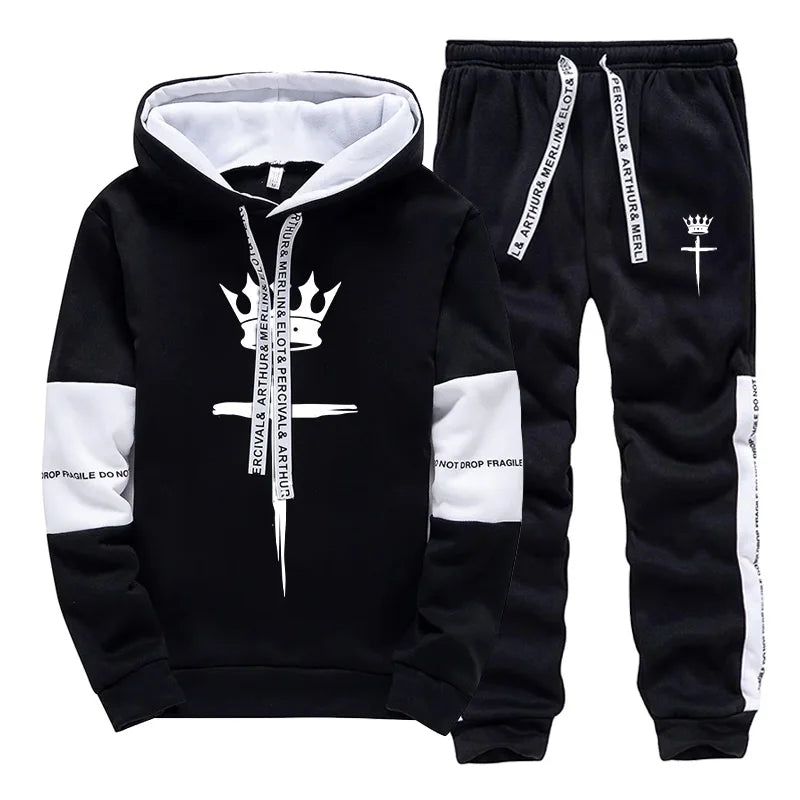 Cross Crown Print Sweatshirts Sweatpants High Quality Street Fashion Tracksuit 2025 Fall/winter Men's Sportswear 2pcs Set.