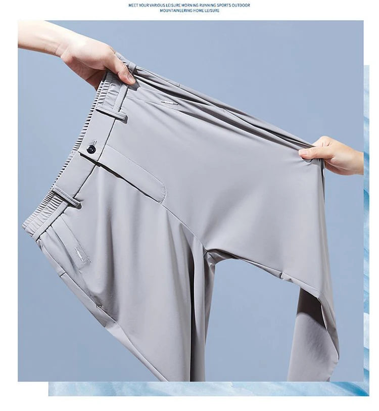 Ultra-thin Elastic Men's Casual Trousers Summer Quick-drying Ice Silk Slim Straight Business Solid Color Trousers Black Gray.