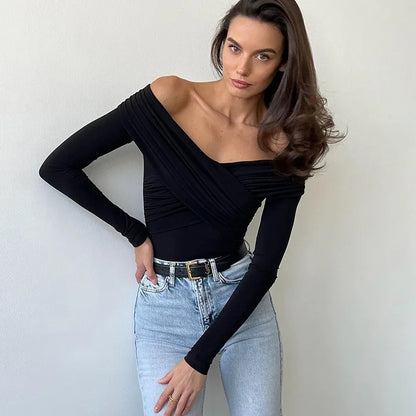 Elegant Women Sexy Off Shoulder Long Sleeve Cross V Neck Bodysuits Top High Waist Slim Spring Summer Streetwear Bodysuit.