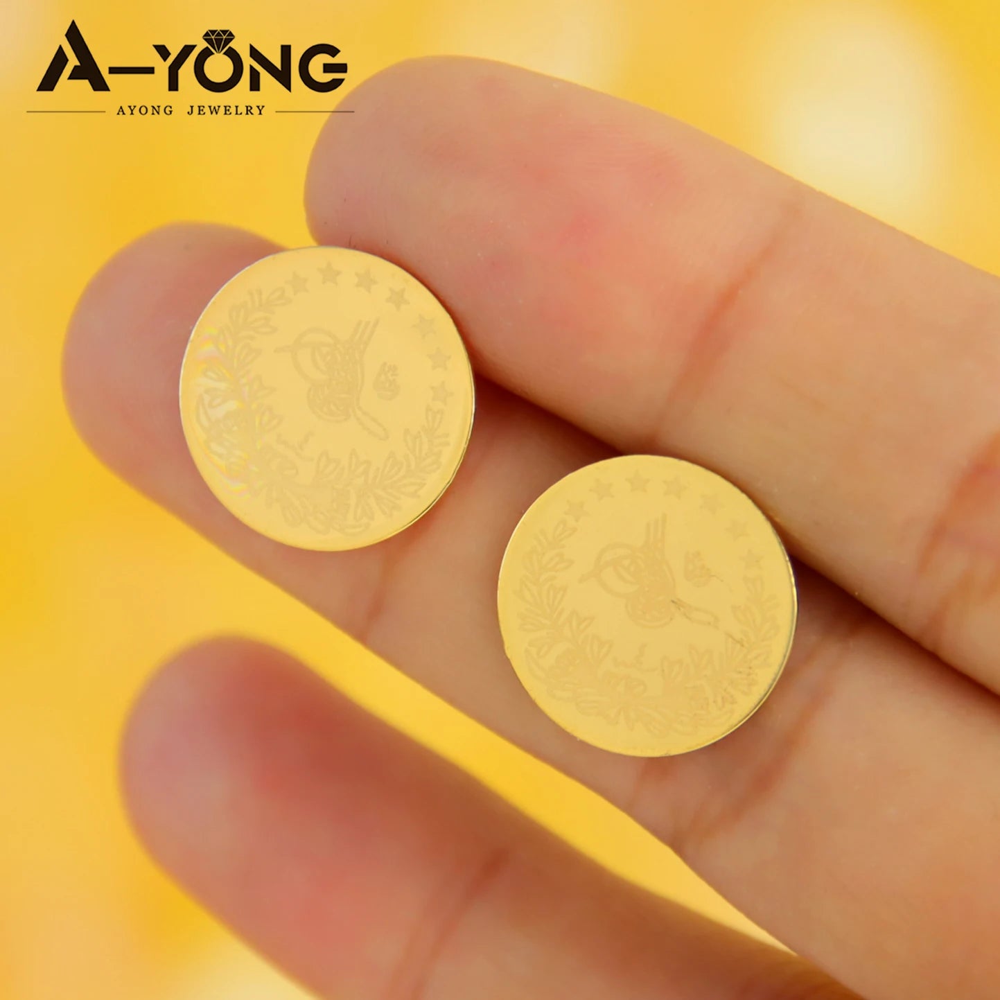 Simple Turkish Liberty Coin Stud Earrings 18k Gold Plated Round Ear Nail Dubai Arab Women Engagement Wedding Party Jewelry.