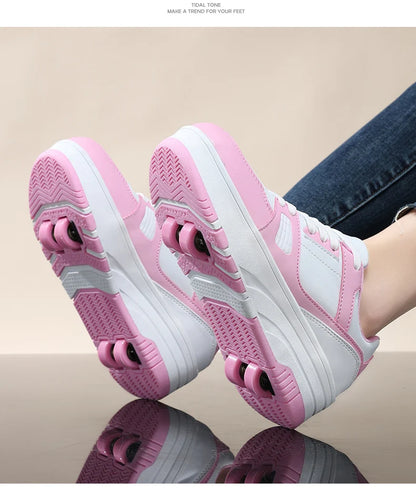 Four wheel roller shoes Boys girls walking shoes Casual outdoor sports slide and shrink school students pulleys shoes sneakers.