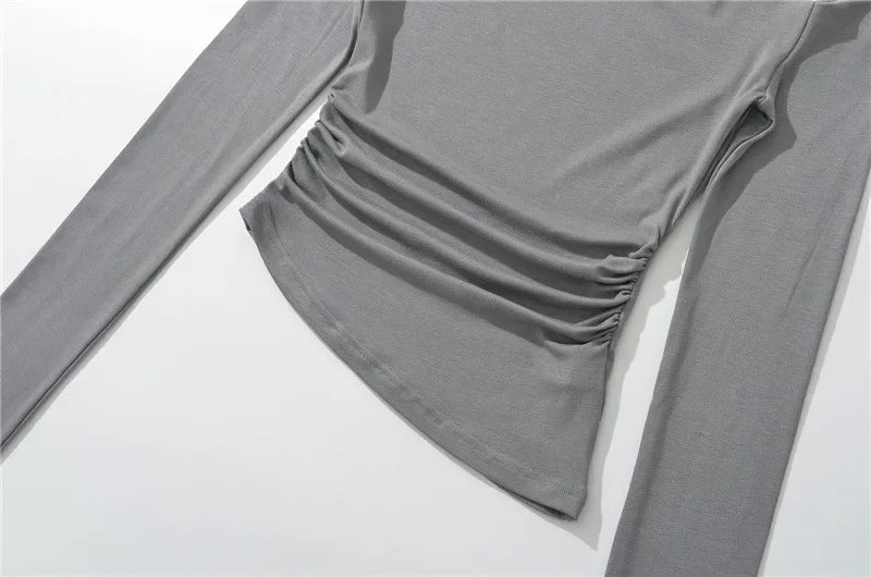 Slim Fit Long Sleeve T-Shirt Irregular Hem Slant Collar Pleated Pure Desirable Sexy Top for Women Fashionable Autumn New Style.