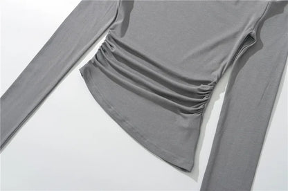 Slim Fit Long Sleeve T-Shirt Irregular Hem Slant Collar Pleated Pure Desirable Sexy Top for Women Fashionable Autumn New Style.