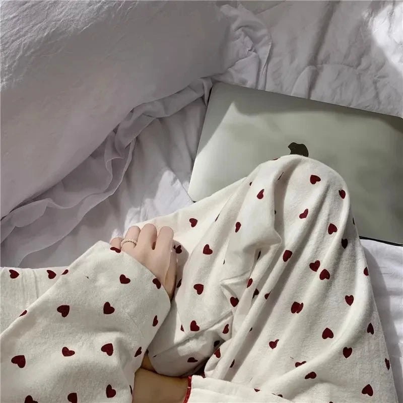 M-XXL Large Size Nightwear Women Sleepwear Autumn and Winter Cardigan Home Wear Peach Heart Long Sleeves School Silk Pajamas.