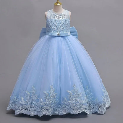 Gesticktes Mesh-Hochzeitskleid, Blumenmädchen-Performance-Mädchenkleid, 4–12 Jahre altes Mädchen-Prinzessinnenkleid mit großer Schleife.