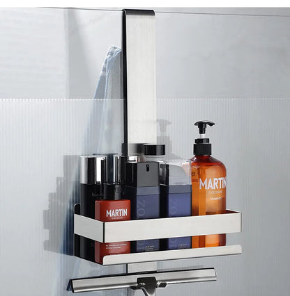 Badezimmer-Tür-Rückseite, hängendes Regal aus Edelstahl über Glastür, Aufbewahrungsregal, Shampoo-Halter, Aufbewahrungstablett für Toilettenartikel mit Haken
