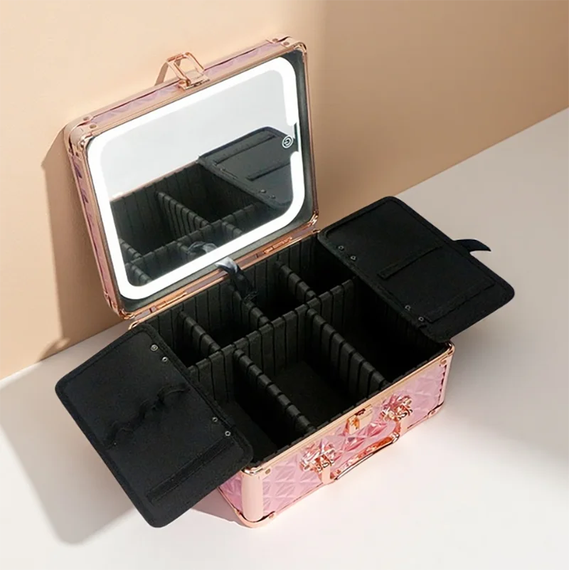 Portable Makeup Case With Light and Mirror 3 Adjustable Brightness LED Cosmetic Case Makeup Organizer Travel Train Case Storage.