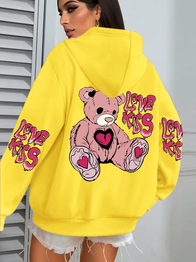 Rosa Liebe Kuss Kunst Brief Drucke Hoodies Frauen Tasche Herbst Hoody Fleece Mehrfarbige Streetwear Unisex Hip Hop Y2K Kleidung