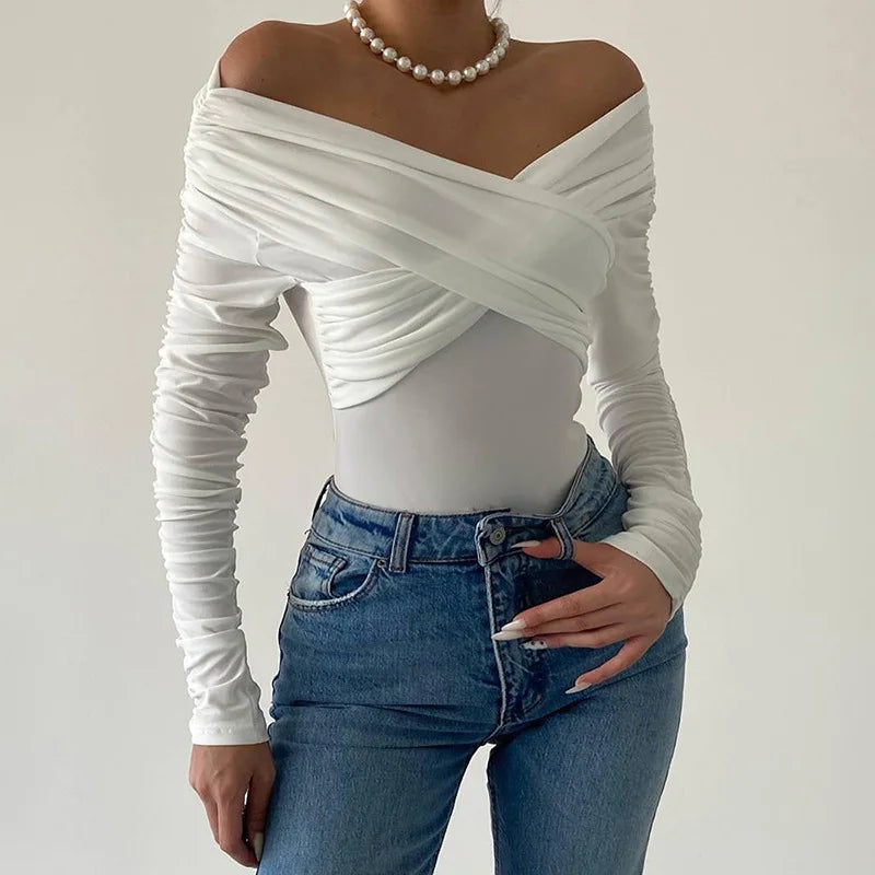 Women's Autumn One Shoulder V-Neck Pleated Long Sleeve Top Tight Fitting Temperament Jumpsuit New Collection.