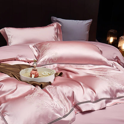 Luxury Satin Jacquard  Cotton Bedding Set Gold Leaves Egyptian Cotton Smooth Duvet Cover Set Flat/Fitted Sheet Pillowcases