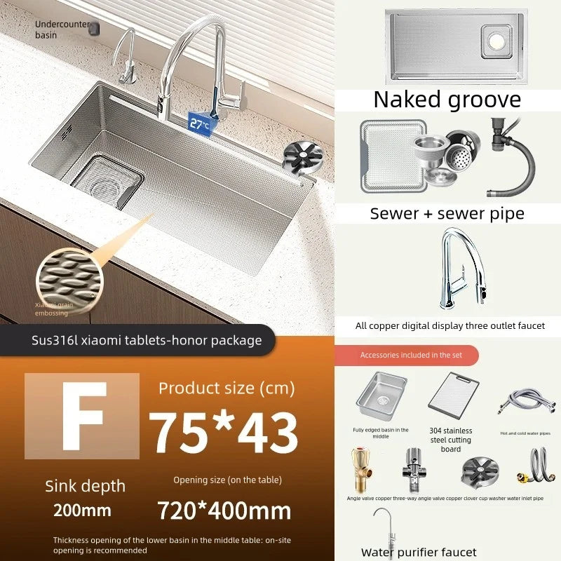 Kitchen Sink 316L Stainless Steel Original Color Large Single Slot Dish Wash Vegetable Basin Multifunctional Undercounter Basin