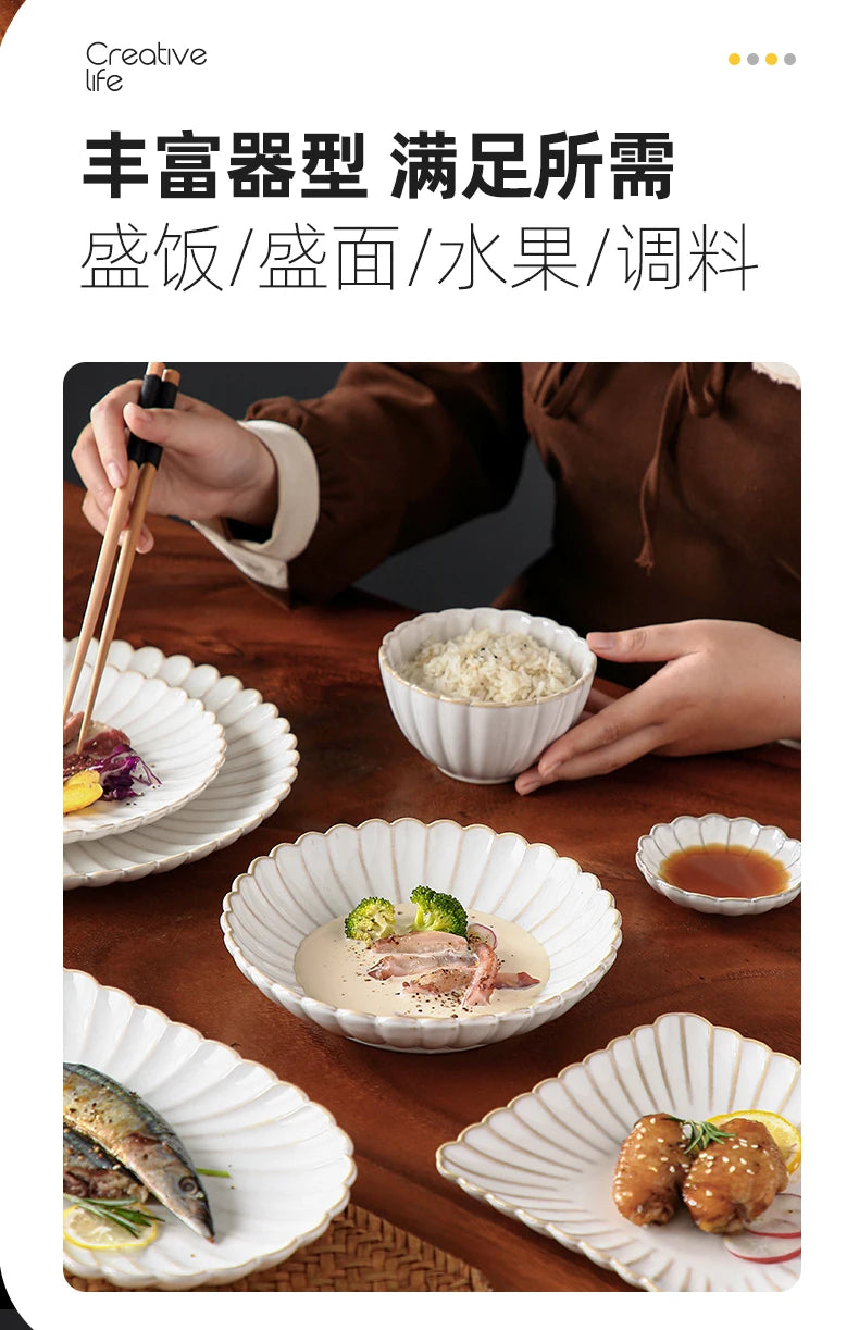 Nordic Household White Bowls Dinner Plates Ceramic White Glaze Tableware Set Western Steak Dish Salad Bowl Vegetable Fish Plate.