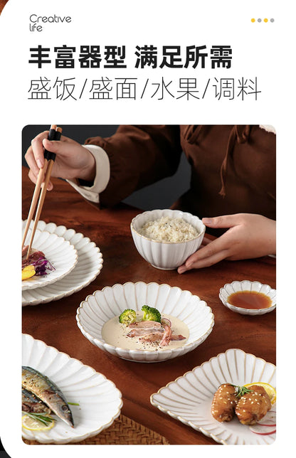 Nordic Household White Bowls Dinner Plates Ceramic White Glaze Tableware Set Western Steak Dish Salad Bowl Vegetable Fish Plate.