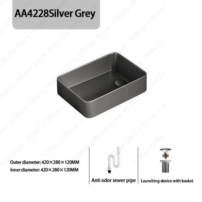 Rechteckiges silbergraues Porzellan-Keramikgefäßwaschbecken über der Theke, Toilette, Badezimmer-Schminktisch, Waschbecken, glasiertes weißes Waschbecken