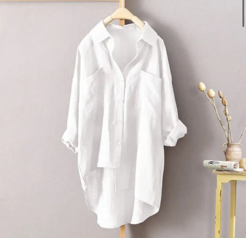 S-5XL Button Up Shirts Women Oversized Summer Autumn Cotton Linen Blouses Fashion White Casual Loose Solid Rollable Sleeve Tops.